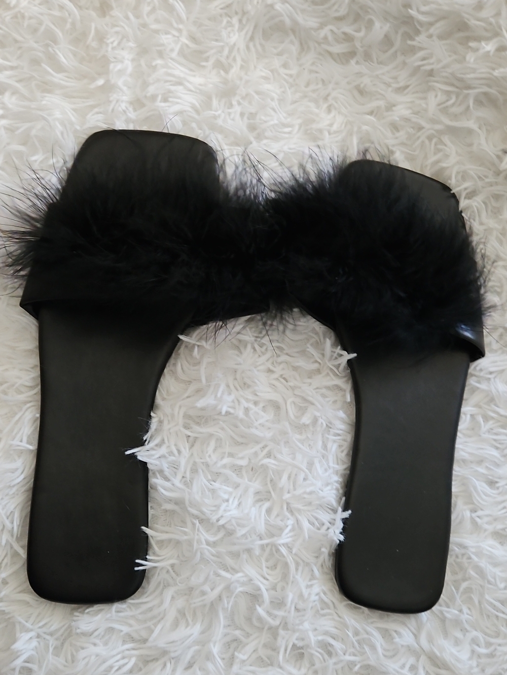NEW BLACK MARIBOU FEATHER SANDAL SLIDES